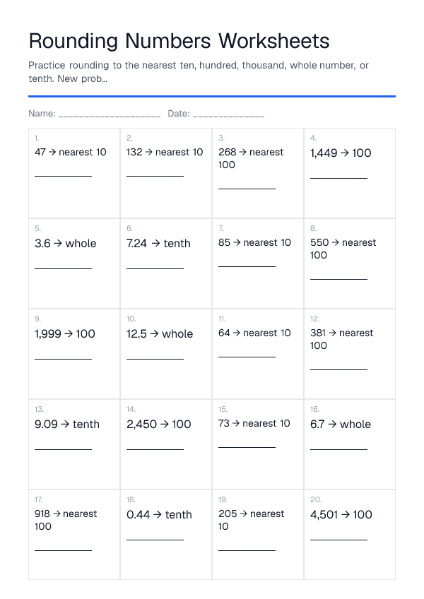 Rounding Numbers Worksheets — printable PDF preview