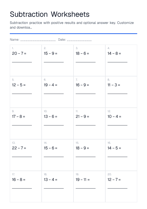 Subtraction Worksheets — printable PDF preview