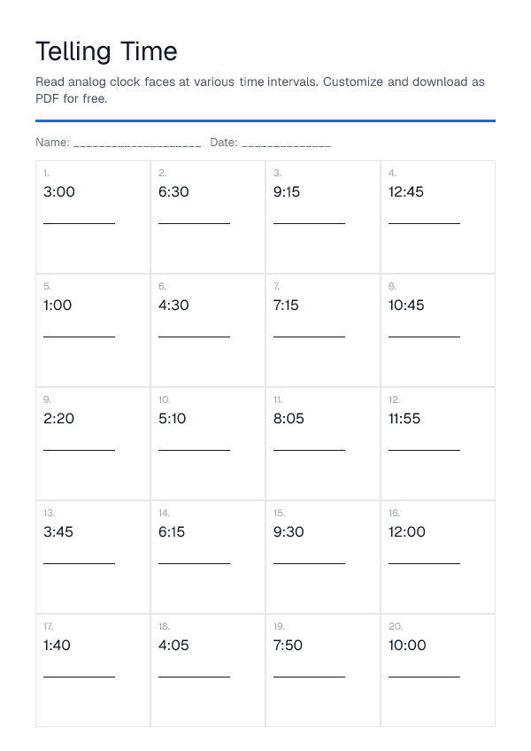 Telling Time — printable PDF preview
