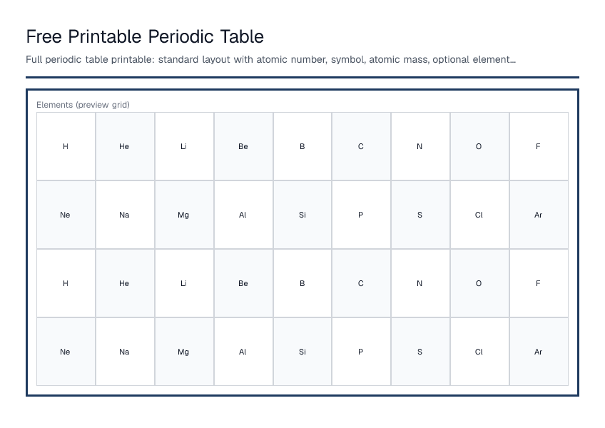 Free Printable Periodic Table — printable PDF preview