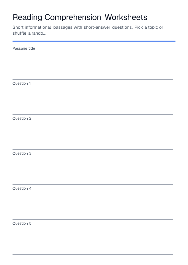 Reading Comprehension Worksheets — printable PDF preview