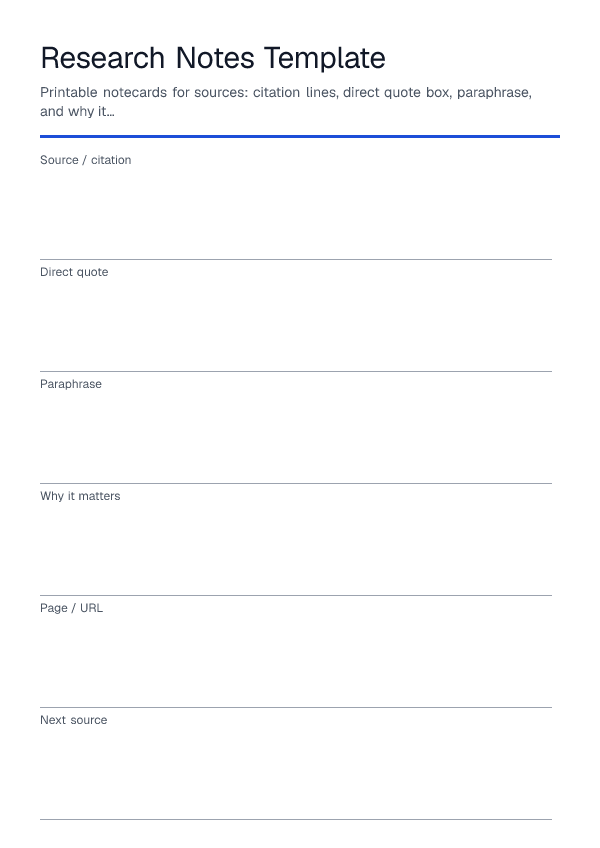 Research Notes Template — printable PDF preview
