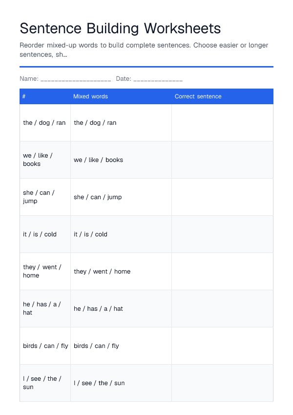 Sentence Building Worksheets — printable PDF preview