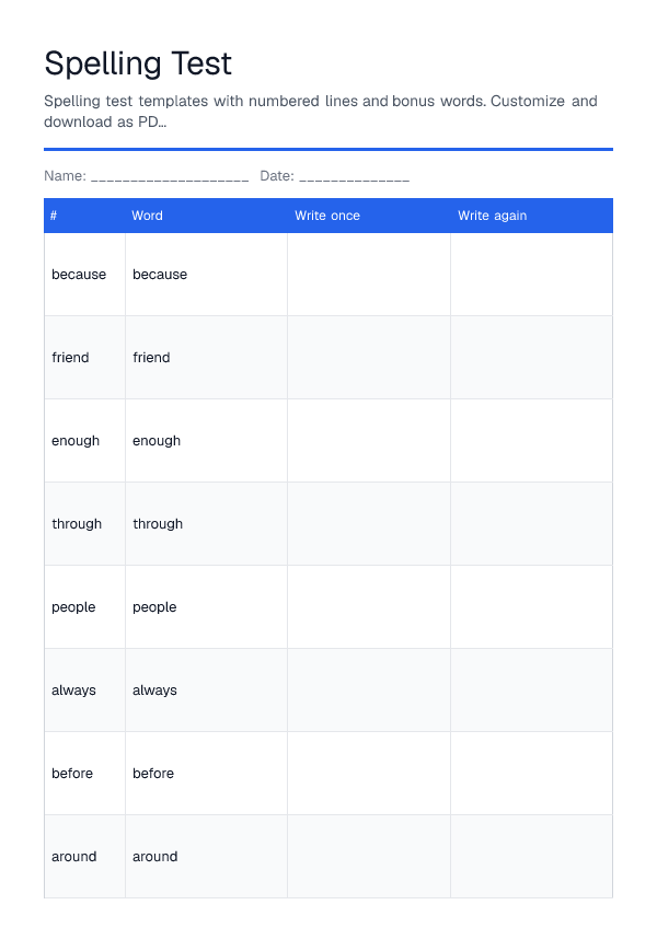 Spelling Test — printable PDF preview