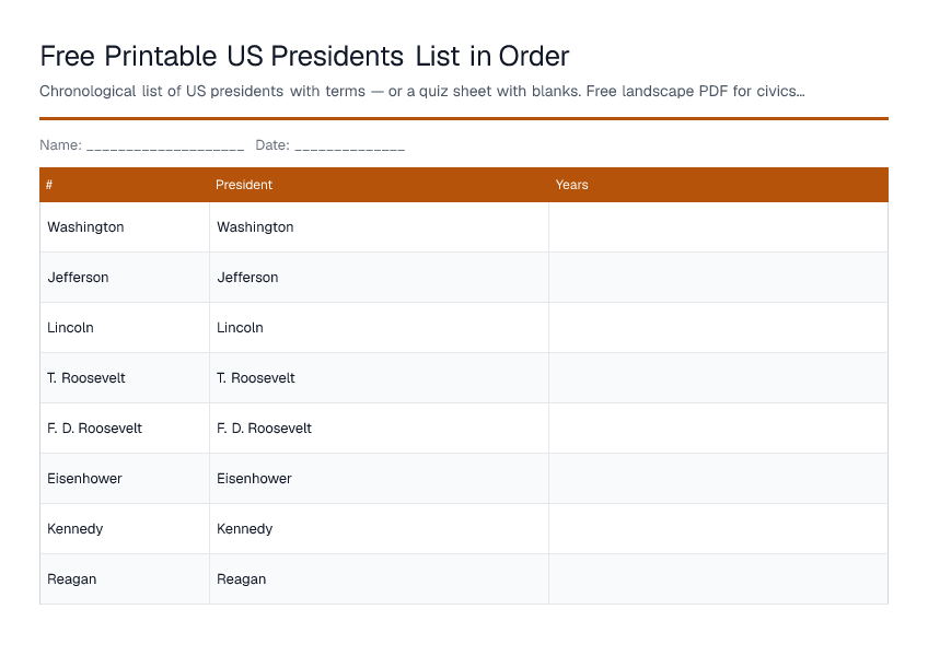 Free Printable US Presidents List in Order — printable PDF preview