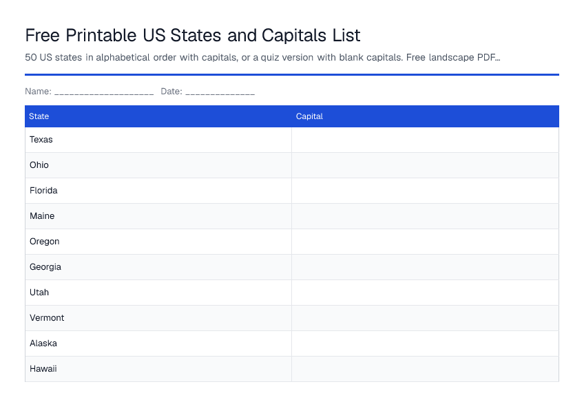Free Printable US States and Capitals List — printable PDF preview