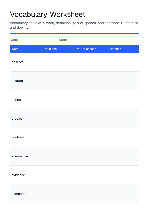 Vocabulary Worksheet — printable PDF preview