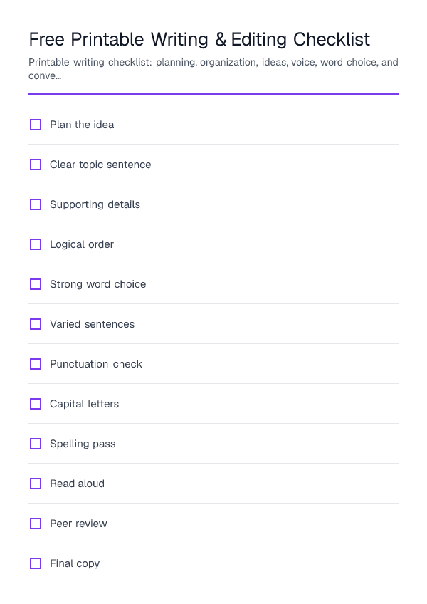 Free Printable Writing & Editing Checklist — printable PDF preview