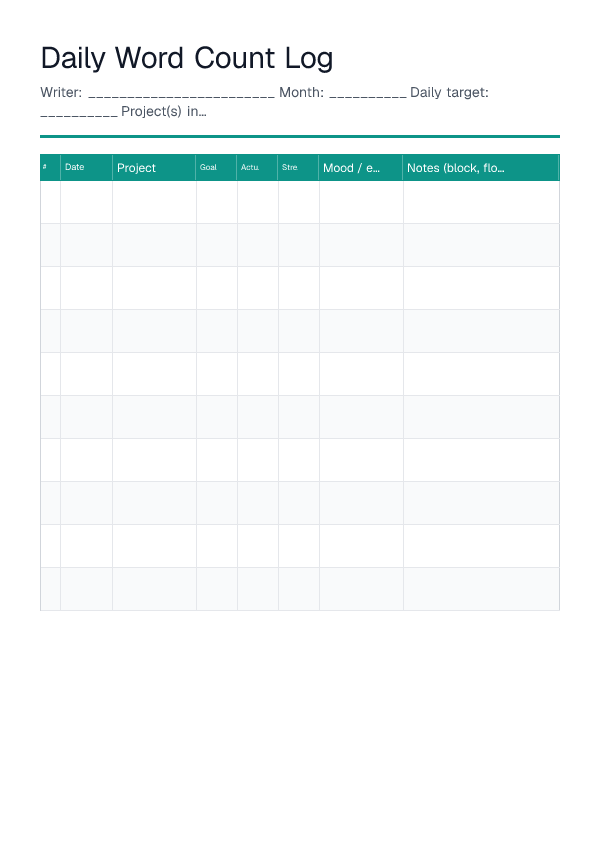 Daily Word Count Log — printable PDF preview