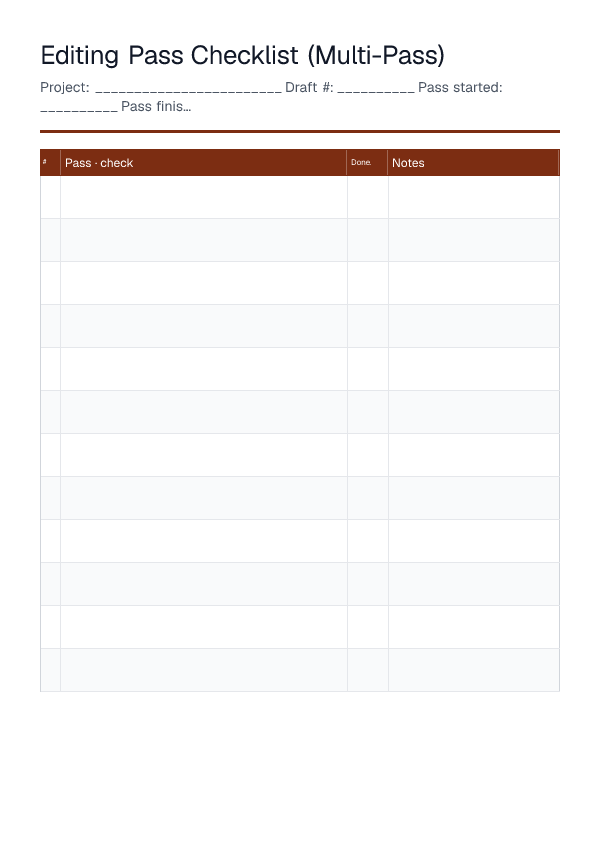 Editing Pass Checklist (Multi-Pass) — printable PDF preview