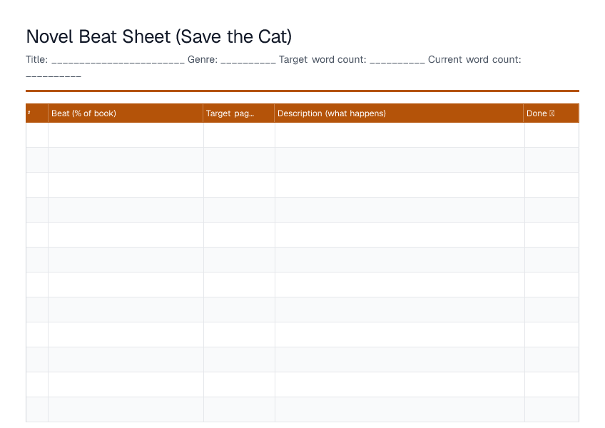 Novel Beat Sheet (Save the Cat) — printable PDF preview