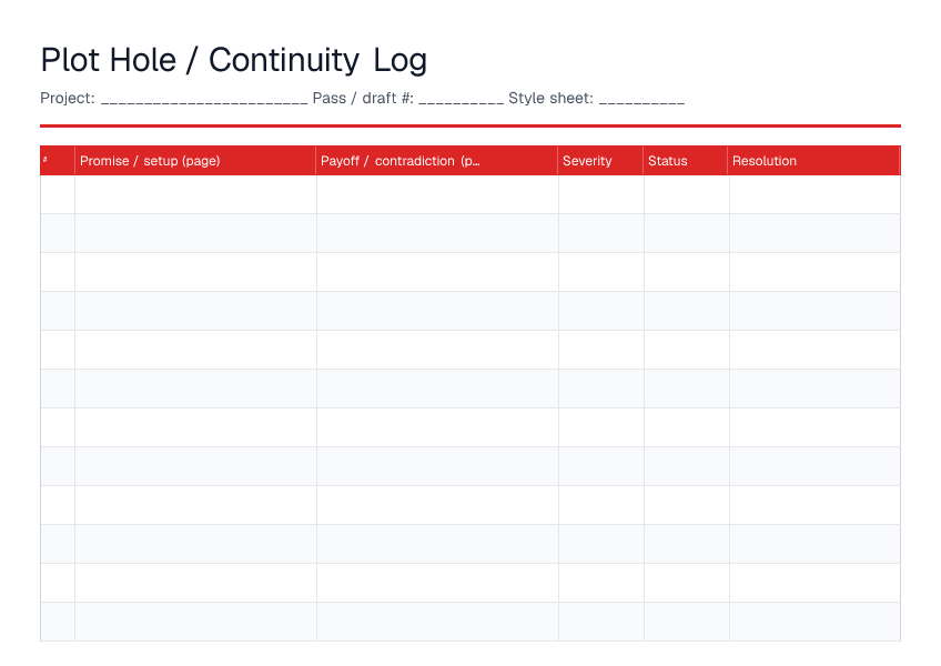 Plot Hole / Continuity Log — printable PDF preview