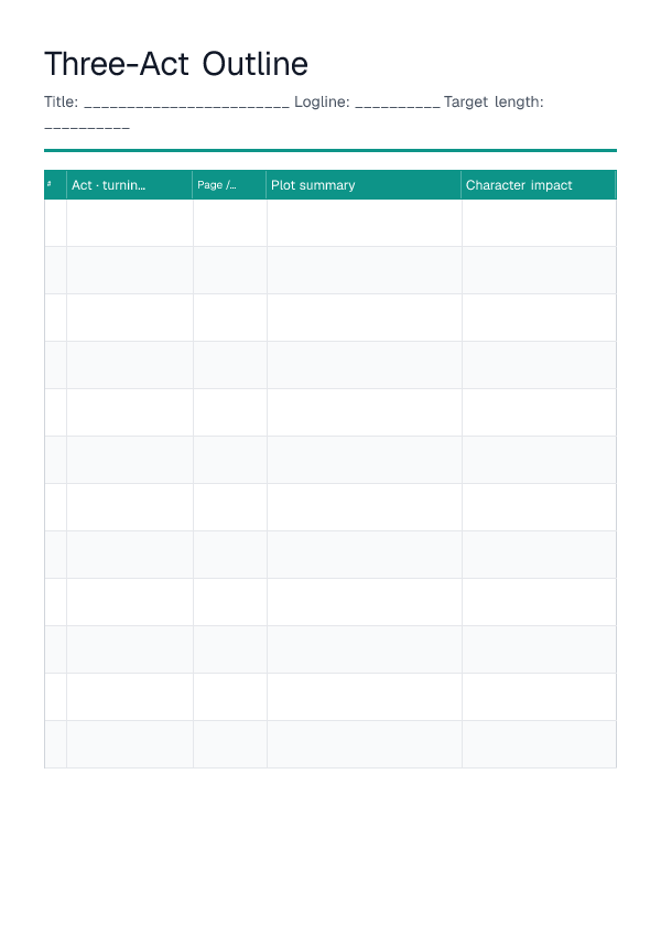 Three-Act Outline — printable PDF preview
