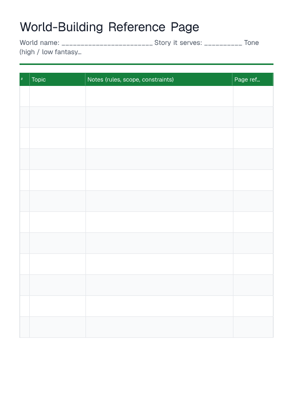 World-Building Reference Page — printable PDF preview